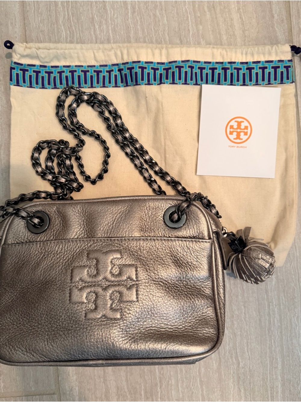 Tory Burch Metallic Silver Leather Chain Crossbody with Tassel